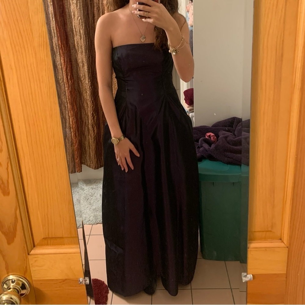 strapless dark purple satin ballgown dress